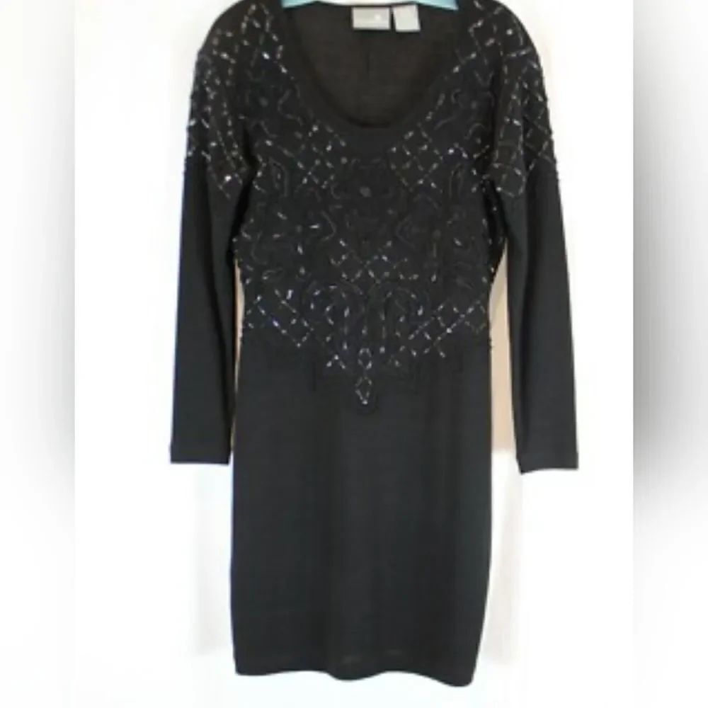 Vtg Liz Claiborne L Black LSlv WOOL Blend Heavy Beaded Women Party Formal Dress